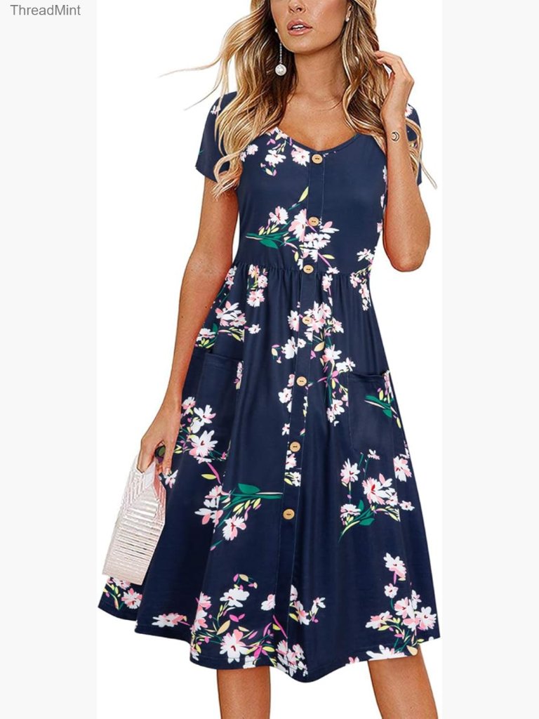 Short Sleeve V Neck Sundress Summer Casual Button Floral Dress With Pockets